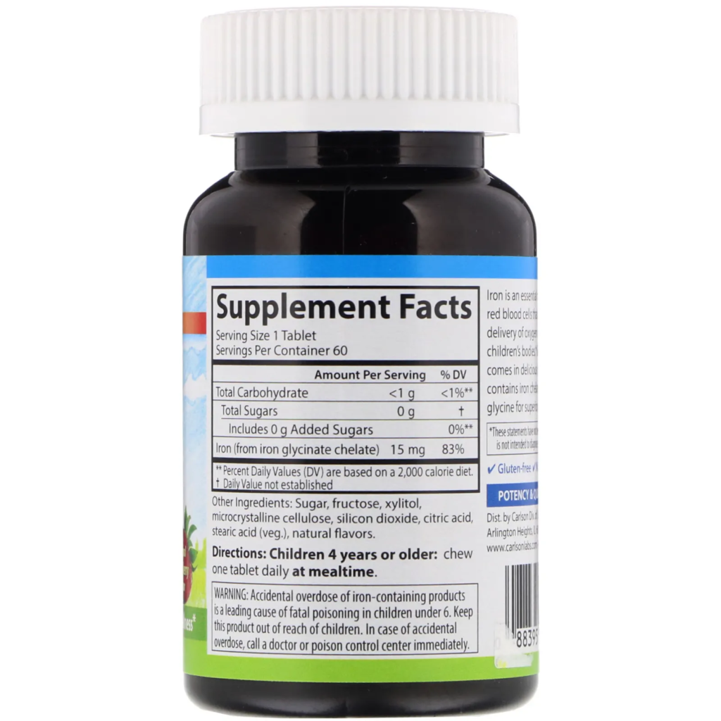 12d220cf3944b5c3860eb61f5c40a91c_042122102719.png Carlson Labs, Детские жевательные таблетки с железом, натуральный клубничный ароматизатор, 15 мг, 60 таблеток