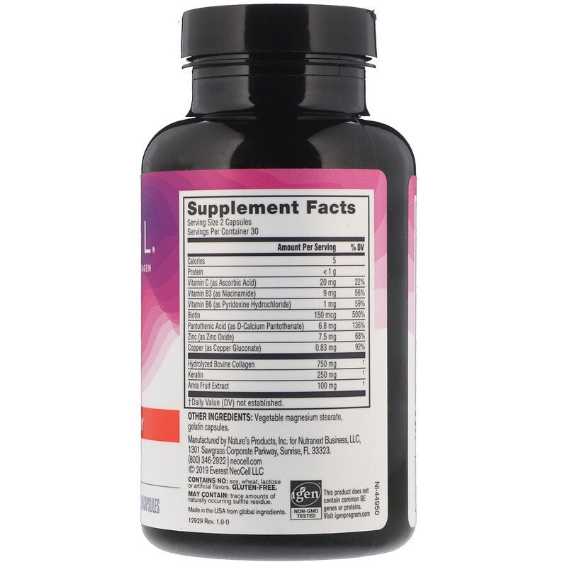 2bece0efaea3aa3ae1249b2586512a0d_041422095928.jpeg Neocell, Средство с кератином для придания объема волосам, 60 капсул