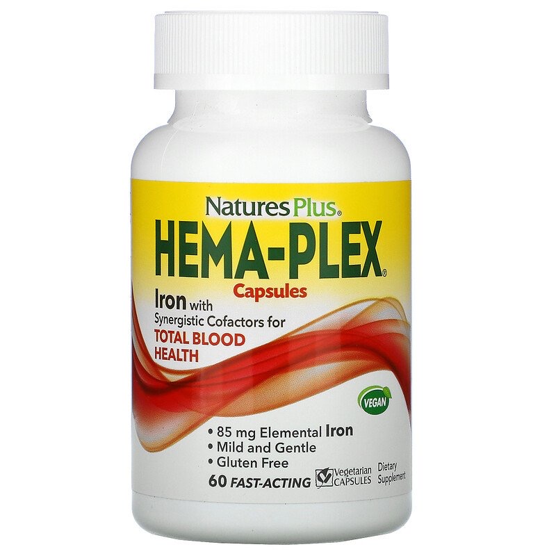 3e61ada4ab537b7cd971e1c9bcb25bf8_041422095926.jpeg Nature's Plus, Hema-Plex, Железо 60 вегетарианских капсул быстрого действия