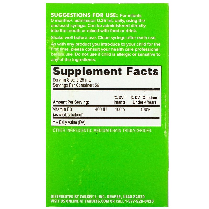 40e7d29d8e3386cbf76e1e2fc42803c9_041422095932.jpeg Zarbee's, Витамин D для малышей, 14 мл Д3