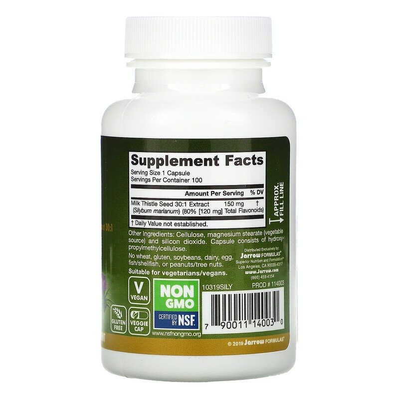 426b055318fa93559bfb6ac6b64930aa_041522205633.jpeg Jarrow Formulas, Расторопша, 150 мг, 100 вегетарианских капсул