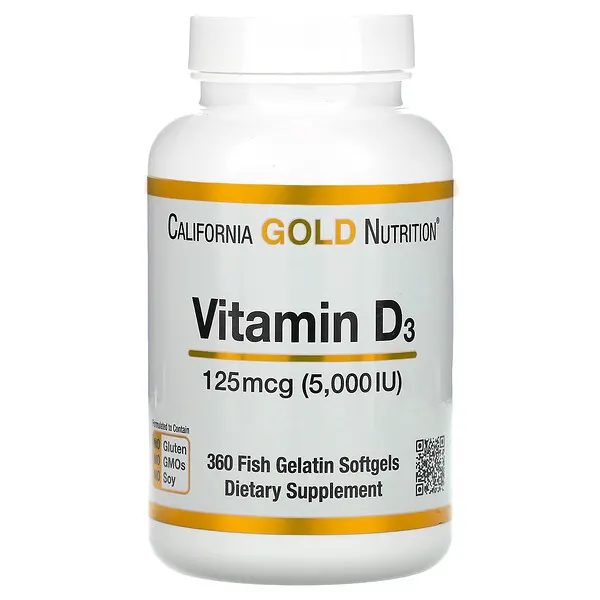 5cd57696337be11fafed3faf743ded3e_042222114151.png California Gold Nutrition, витамин D3, 125 мкг (5000 МЕ), 360 капсул из рыбьего желатина