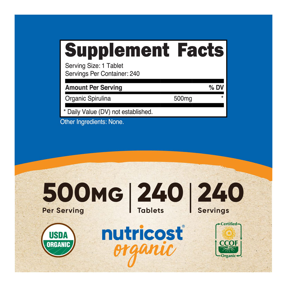 5e68628c3fcc47002972941823e3549b_042322155750.jpeg Nutricost Органическая спирулина 500 мг, 240 таблеток - без глютена, без ГМО