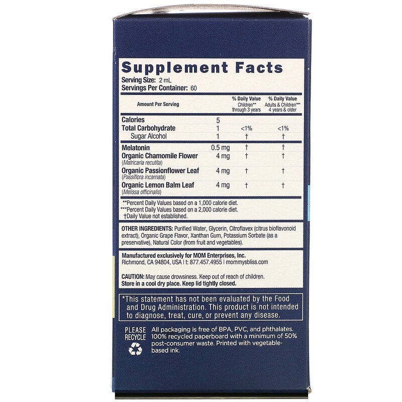 71d8ce9276200ce2adfabfddde4531a5_041422095909.jpeg Mommy's Bliss, Kids, жидкое средство для сна, мелатонин, для детей от 3 лет, со вкусом винограда, 120 мл