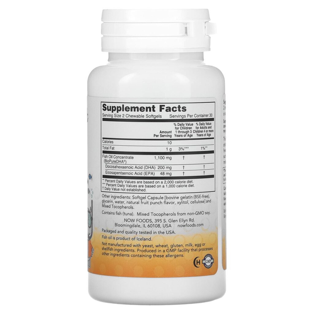 c01e12d12c97e87172a18e71c02b2b41_041922165932.jpeg NOW Foods, жевательная ДГК для детей, фруктовый вкус, 60 мягких таблеток