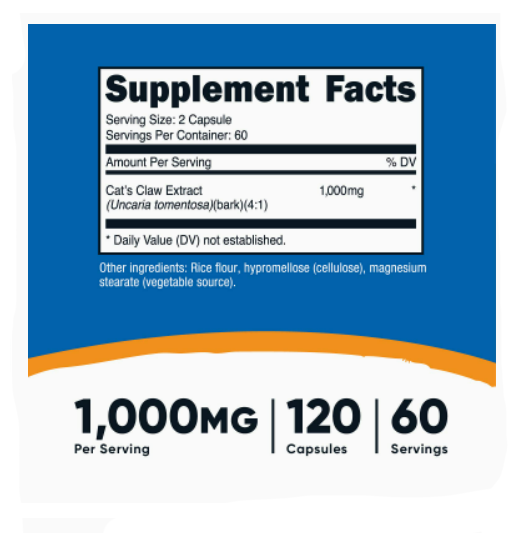 da42d446ca82b7a54274c2be4e04a57b_042622161754.png Nutricost Cat's Claw 1000 мг, 120 капсул - вегетарианские капсулы, без ГМО и глютена, 60 порций