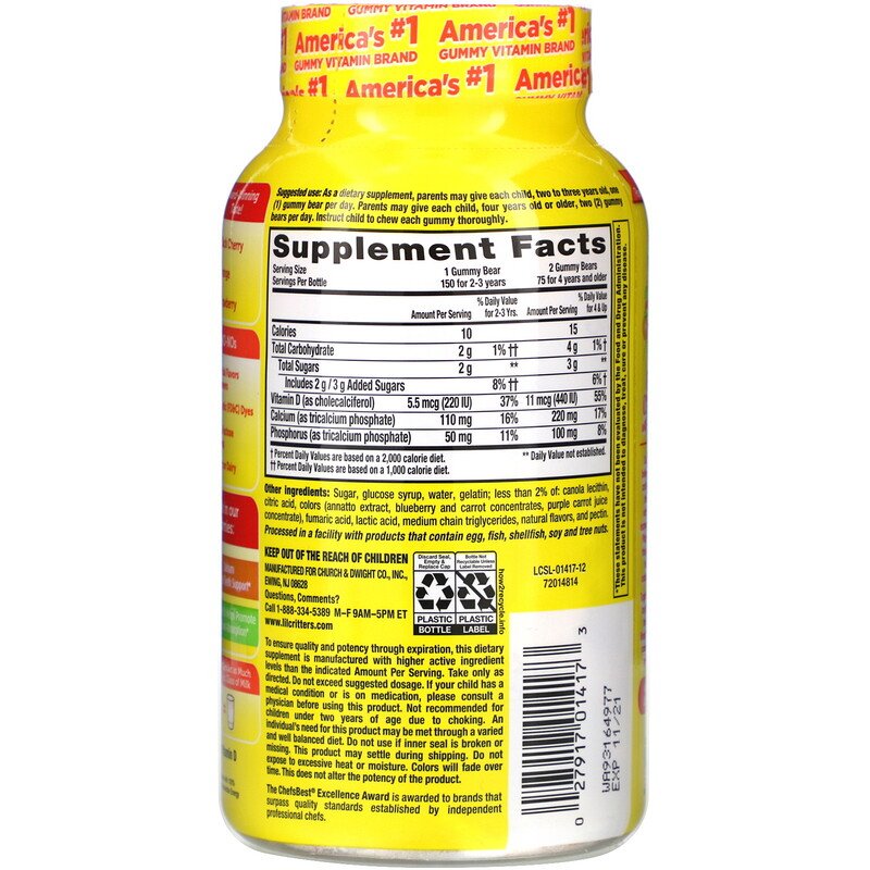 e5a72789a5f78b570a97449e09dc0d74_041522205623.jpeg L'il Critters, кальций + D3, поддержка костей, со вкусом черной вишни, апельсина и клубники, 150 мармеладных мишек