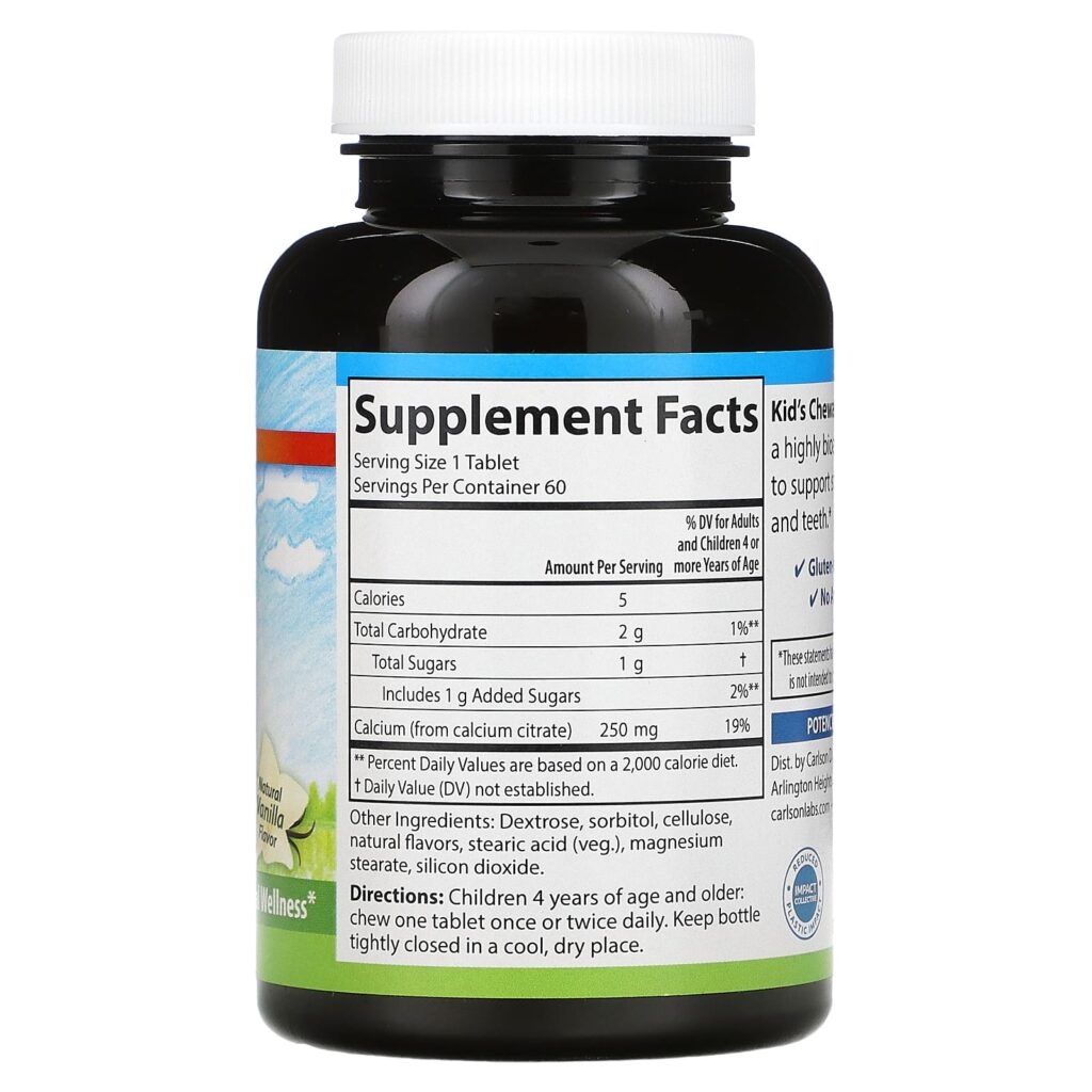 ec69000a2e1894912d9fda06334ff19e_042022212707.jpeg Carlson Labs, Жевательные таблетки с кальцием для детей, с натуральным ванильным вкусом, 250 мг, 60 таблеток