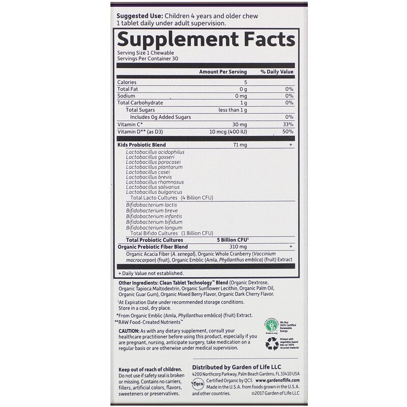 edbe8d48ebc37d010d8d97245b327e42_041522205616.jpeg Garden of Life, Dr. Formulated Probiotics, Organic Kids +, со вкусом органических ягод и вишни, 30 вкусных жевательных таблеток