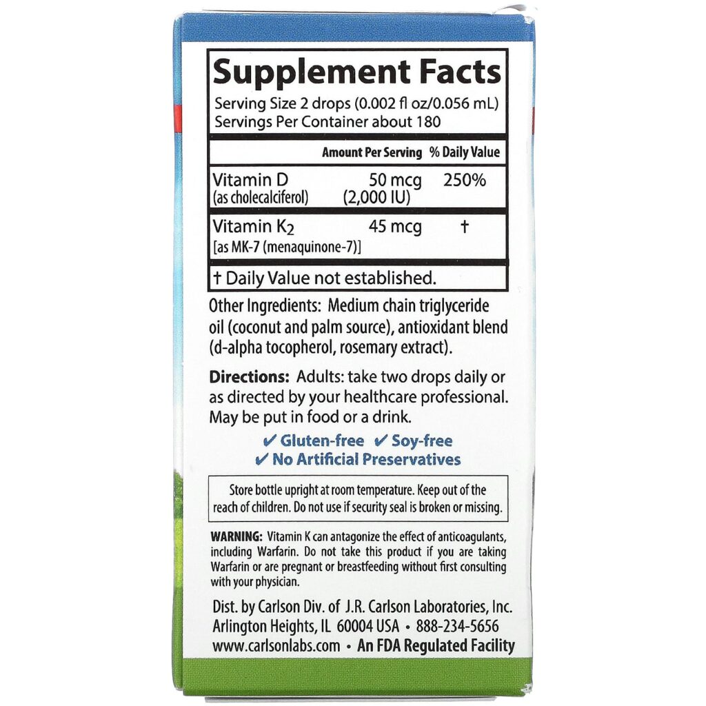 efaafd9874cc0f8f4d7884180ff2c0bb_042022222113.jpeg Carlson Labs, Super Daily витамины D3 и K2 в жидкой форме, 25 мкг (2000 МЕ) и 22,5 мкг, растительная формула, 360 вегетарианских капель, 10,16 мл