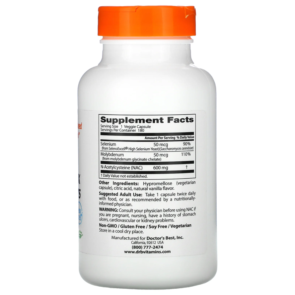 f25e69c003ead4a7d47184f5eedc80df_042022213648.png Doctor's Best, N-ацетилцистеин (NAC) для регуляции процесса детоксикации, 180 растительных капсул