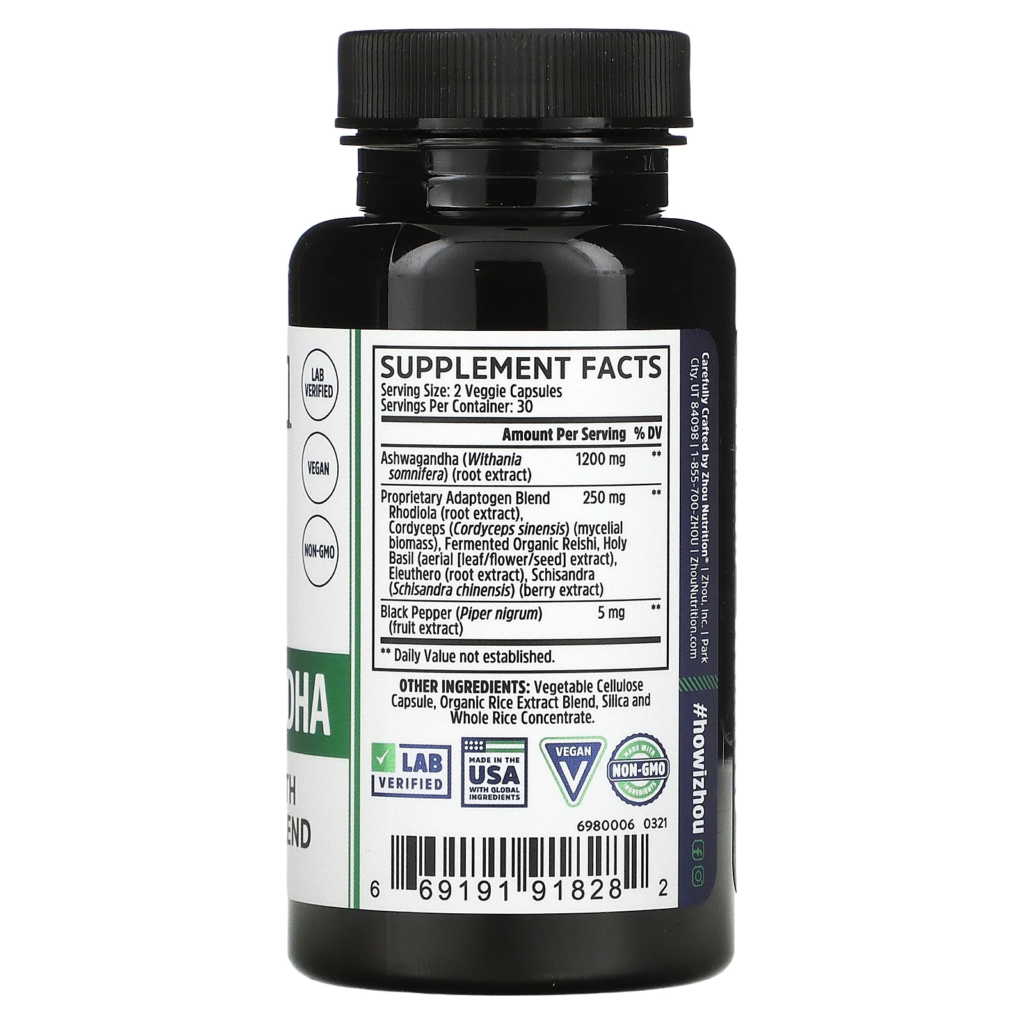 04c204484e2f8209be8eb48daf48c572_052122140921.png Zhou Nutrition, Ашваганда, максимальная эффективность, 1200 мг, 60 растительных капсул