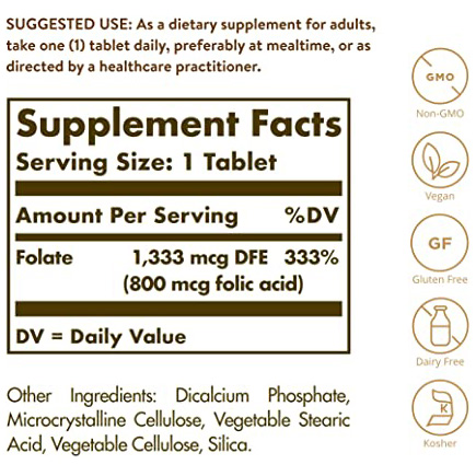 076d6bc1e402eff732ac2c0f1be0c061_052122134741.jpeg Solgar Folate 1333 мкг DFE, 100 таблеток - 800 мкг биоактивного метафолина - Здоровье сердца - без ГМО, веганский, без глютена, без молочных продуктов, кошерный - 100 порций
