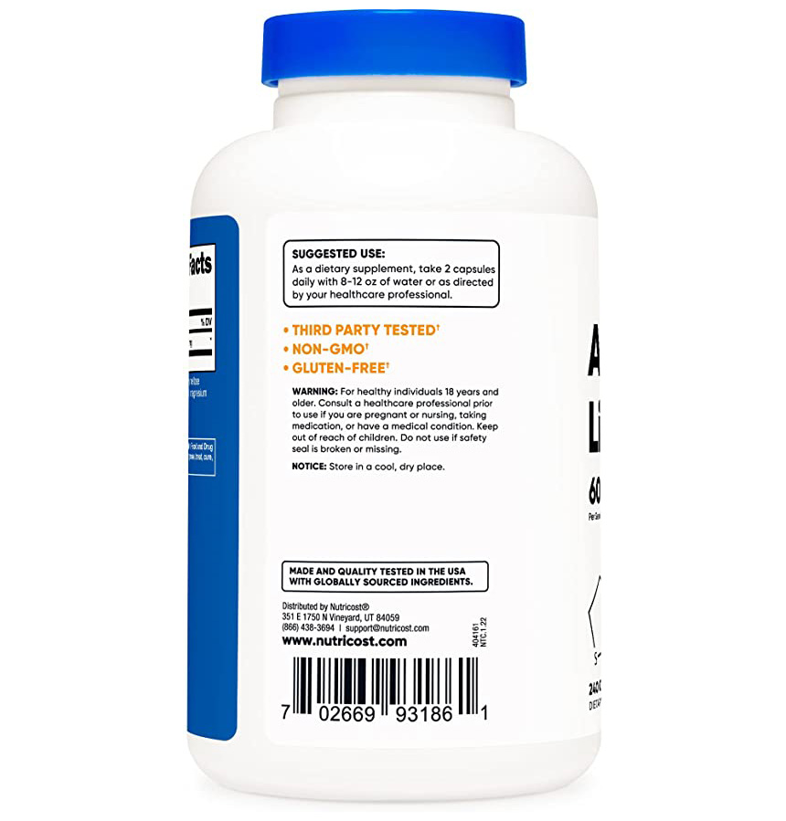 3e50f78b117b9d43e747f50b003c56cc_051522130020.jpeg Nutricost Альфа-липоевая кислота 600 мг на порцию, 240 капсул - без глютена, вегетарианские капсулы, без сои и без ГМО