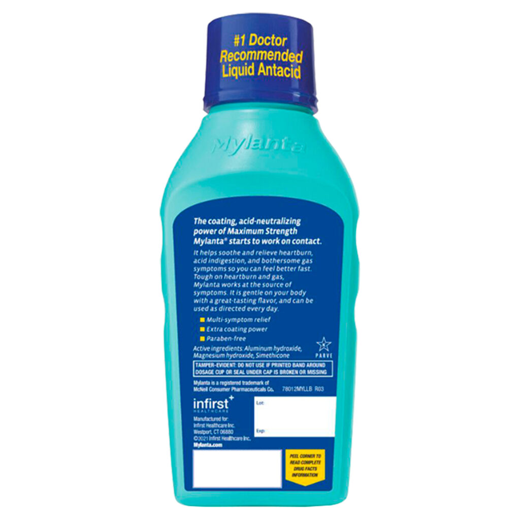 56249ba95ec0b04e01b6c3e0b6806bf2_051522142335.jpeg Mylanta Максимальная сила, классический вкус, антацид + жидкость против газов, 12 жидких унций