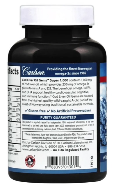 5c283f7fef338a62d54bf8e60e2cb7f2_052122003153.jpeg Carlson Labs, Cod Liver Oil Gems, капсулы из жира печени дикой норвежской трески, высшего качества, 1000 мг, 100 капсул