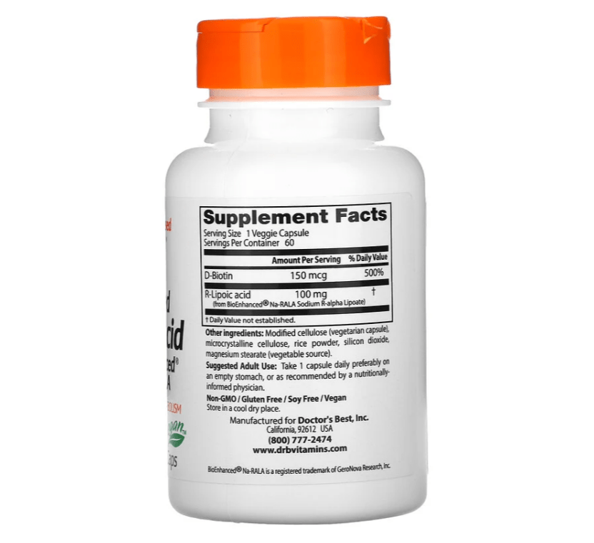 cfbad77af7b079a693a053e8d2ef8229_051822224433.png Doctor's Best стабилизированная R-липоевая кислота с биоусиленным Na-RALA, без ГМО, без глютена, веганская, помогает поддерживать уровень сахара в крови, 100 мг, 60 вегетарианских капсул