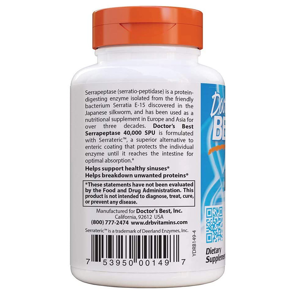 f0fa237a383ac3c526b4357a09b63d18_052922144153.jpeg Doctor's Best Serrapeptase, без ГМО, без глютена, веганский, поддерживает здоровье носовых пазух, 40 000 SPU, 90 штук