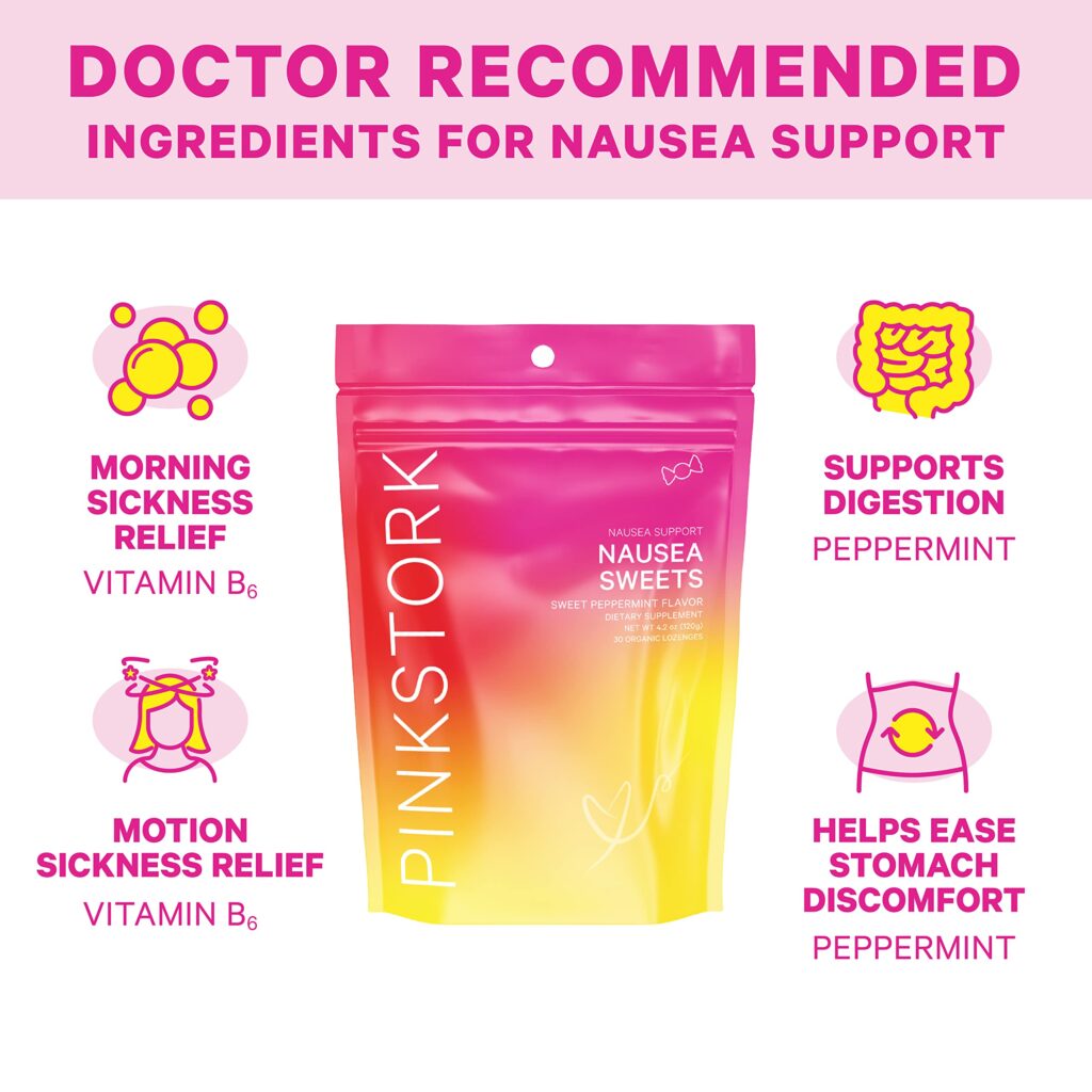 090a47a47d9eada41b41e6d828c84211_061122100445.jpeg Pink Stork Nausea Candies, мягкая мята, органические твердые леденцы, от тошноты, средство от утренней тошноты для беременных, вздутие живота, пищеварение, облегчение мигрени, с витамином B, 30 пастилок