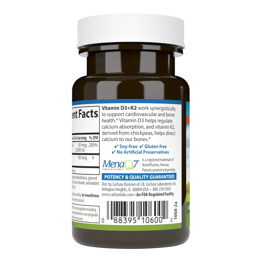 16af164dc0945621d788d9a1731aa0a9_060622001146.png Carlson Labs Витамин D3 + K2, усвоение кальция, здоровая работа сердечно-сосудистой системы, 2000 IU, 60 штук
