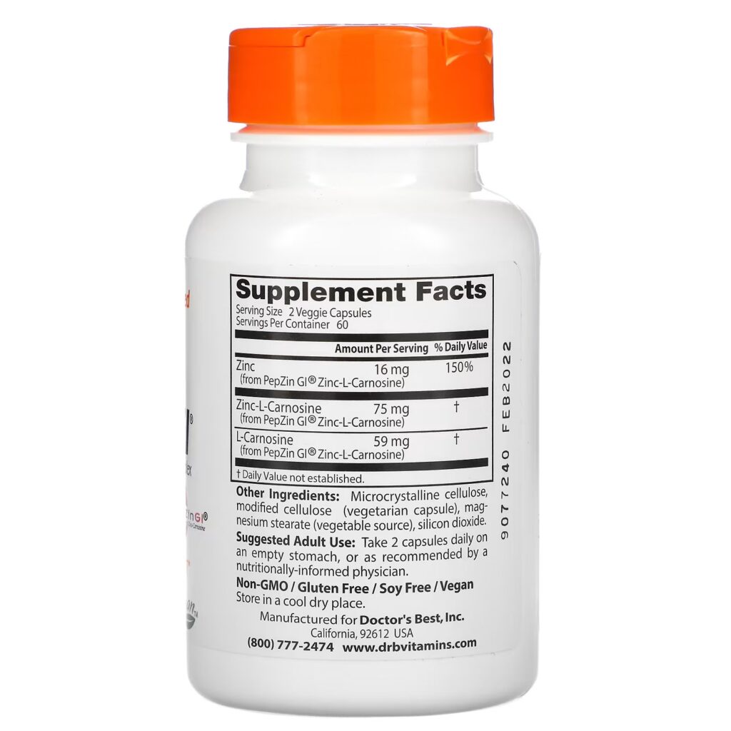 54a9c183a347a62c9dc7dc7f5eb0a076_060722000749.jpeg Doctor's Best, PepZin GI, комплекс цинк-L-карнозина, 120 вегетарианских капсул