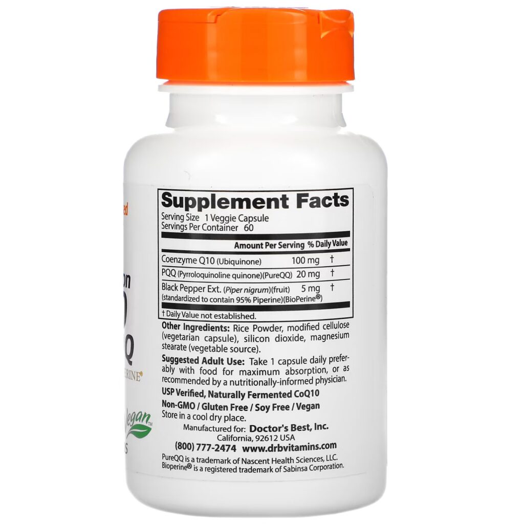 875e78df3090028ea43804a8e6a6d5bb_071822013220.jpeg Doctor's Best, коэнзим Q10, 100 мг, пирролохинолинхинон, 20 мг, 60 растительных капсул