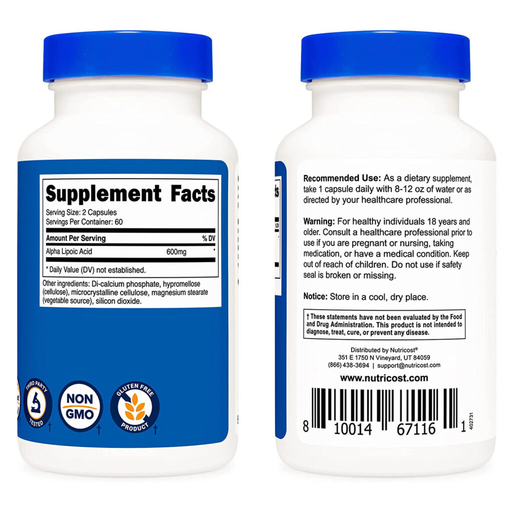 f247edeec7d54e29a0e0e7128c8816e5_070322235229.jpeg Альфа-липоевая кислота Nutricost 600 мг на порцию 120 капсул, 60 порций - капсулы на растительной основе, без ГМО