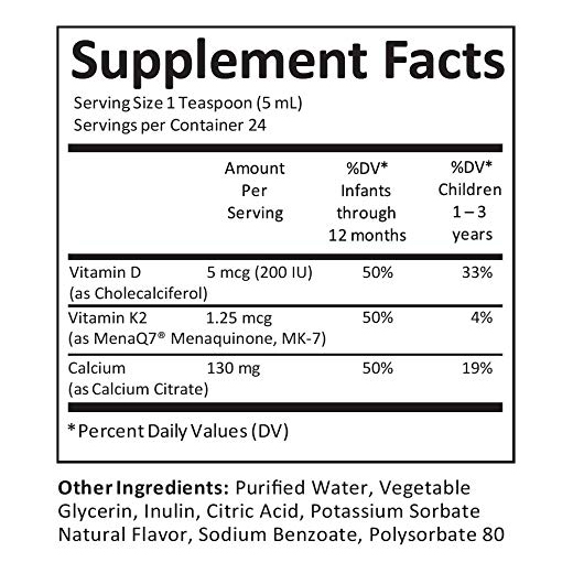 8129cfaaf62c8672b097d6535ddecdc6_082922232912.jpeg Kiddivit Baby Жидкие кальциевые капли с витамином D3 и K2-24, ежедневная порция, 4 жидких унции (120 мл) - Обогащенный инулин (пребиотик, пищевая клетчатка) - Без сахара, без глютена, подходит для вегетарианцев