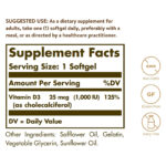 Solgar Витамин D3 (холекальциферол) 25 мкг (1000 МЕ), 100 мягких капсул - Помогает поддерживать здоровье костей и зубов - Поддержка иммунной системы - Без ГМО, без глютена, без молочных продуктов - 100 порций