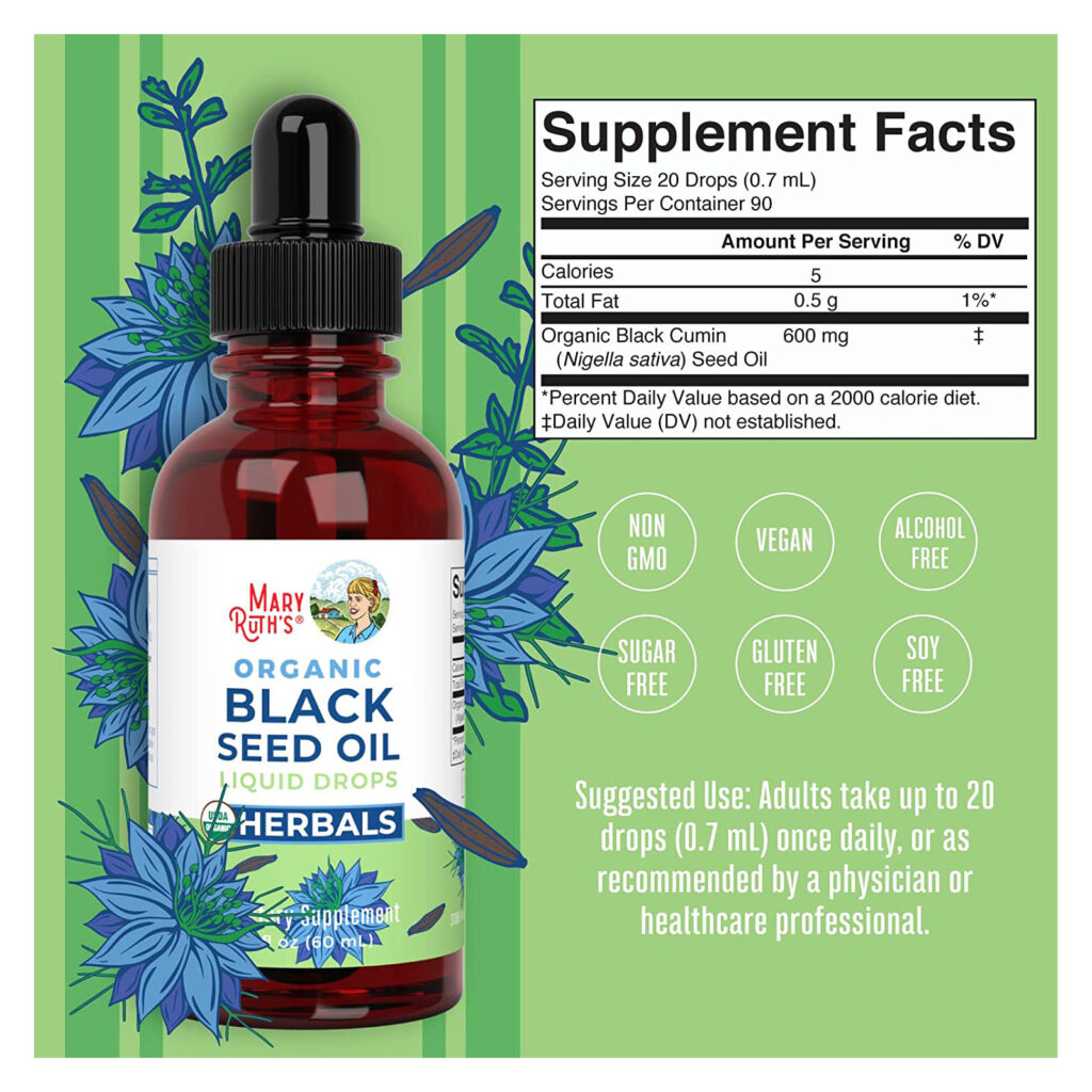 e3ba185be80cbcb4bc667f7d2da6debc_081222023107.jpeg Масло черного тмина с жидкими каплями холодного отжима | запас на 3 месяца | Органическое масло семян черного тмина USDA для поддержки иммунитета, здоровья сердца, волос и кожи - без сахара, веганское, без ГМО, без глютена