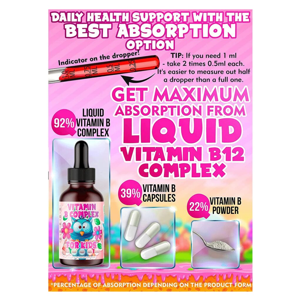 0189e9abfa8c929f248b3853b69af7cd_090822234357.jpeg Комплекс витаминов группы В для детей, жидкие сублингвальные веганские капли — добавка премиум-класса Витамины группы В b12, b6, b5, b3 и b2 — быстрое усвоение для естественной энергии, иммунной системы и поддержки умственной концентрации
