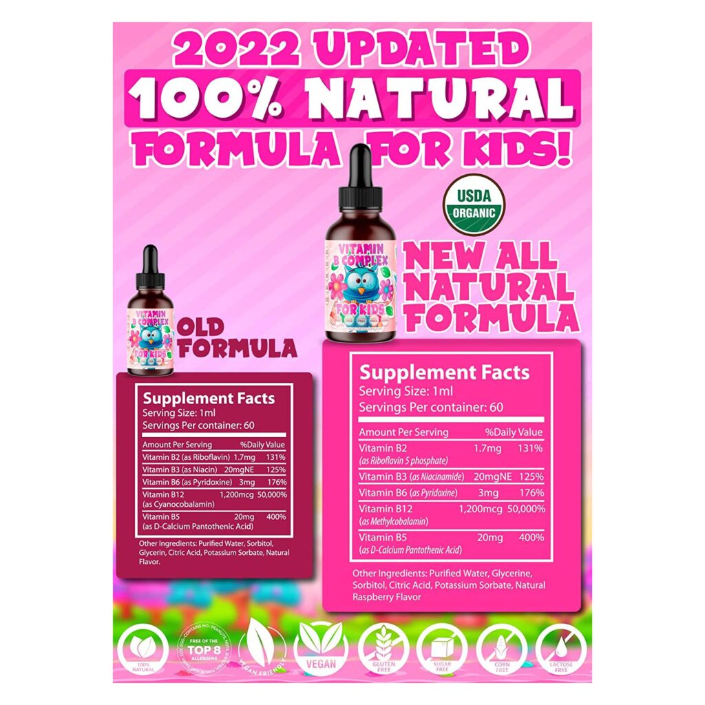 13ac4441189cfbec31dc860c7c56b42f_090822234400.jpeg Комплекс витаминов группы В для детей, жидкие сублингвальные веганские капли — добавка премиум-класса Витамины группы В b12, b6, b5, b3 и b2 — быстрое усвоение для естественной энергии, иммунной системы и поддержки умственной концентрации
