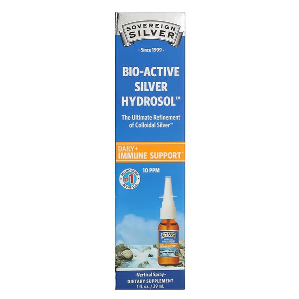Sovereign Silver, Bio-Active Silver Hydrosol, (биоактивная добавка с серебром), вертикальный спрей, 10 част./млн, 29 мл