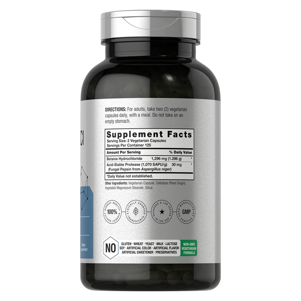 39ef49acfdb90318b6b2acca7f2ba7ec_031223215218.jpeg Horbaach - Бетаин HCl с пепсином | 1000 мг | 250 капсул | Добавка бетаина гидрохлорида | с протеазой | Без ГМО, без глютена, вегетарианский |