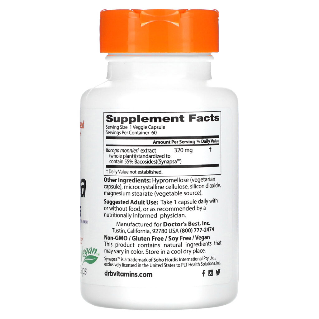 2f8067b77fce559e8934087d91c407ad_081323014713.jpeg Doctor's Best, бакопа с Synapsa, 320 мг, 60 вегетарианских капсул