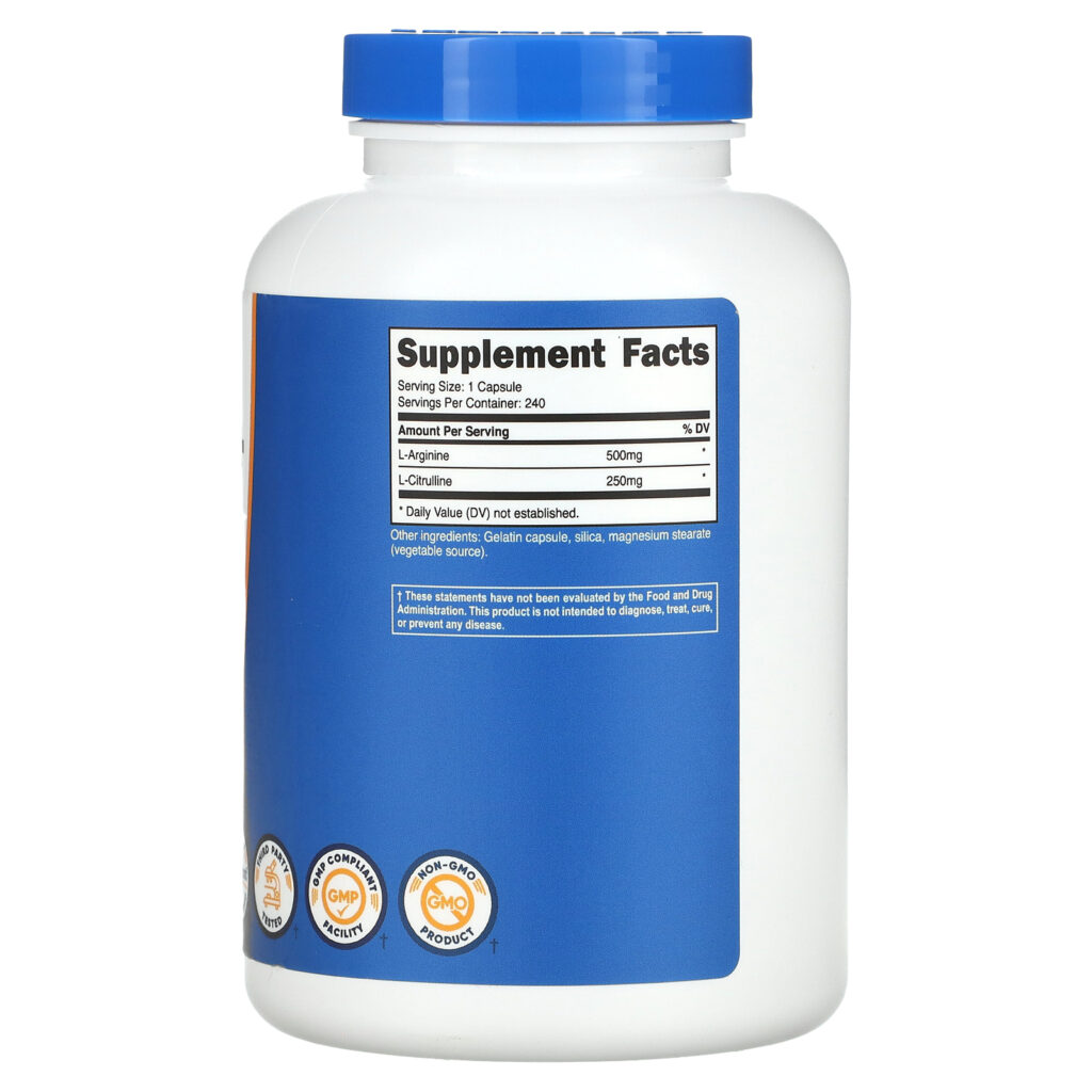 bd30b1d8374f3249846f8f6586c664a6_081323021139.jpeg Nutricost, L-аргинин + L-цитруллин, 750 мг, 240 капсул