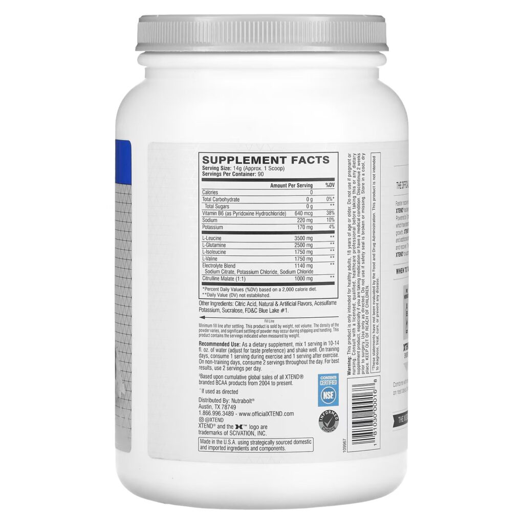 9849c29b51c1d4916e3cb94837da74e6_120423185350.jpeg Xtend, The Original, 7 г аминокислот с разветвленной цепью (BCAA), со вкусом голубой малины, 1,26 кг