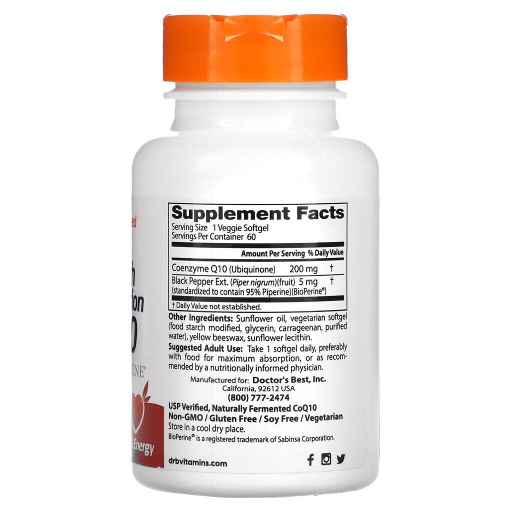 39b80712fa7056e079d6a46e56adfc53_012824005800.jpeg Doctor's Best, коэнзим Q10 с высокой степенью всасывания, с BioPerine, 200 мг, 60 вегетарианских мягких таблеток