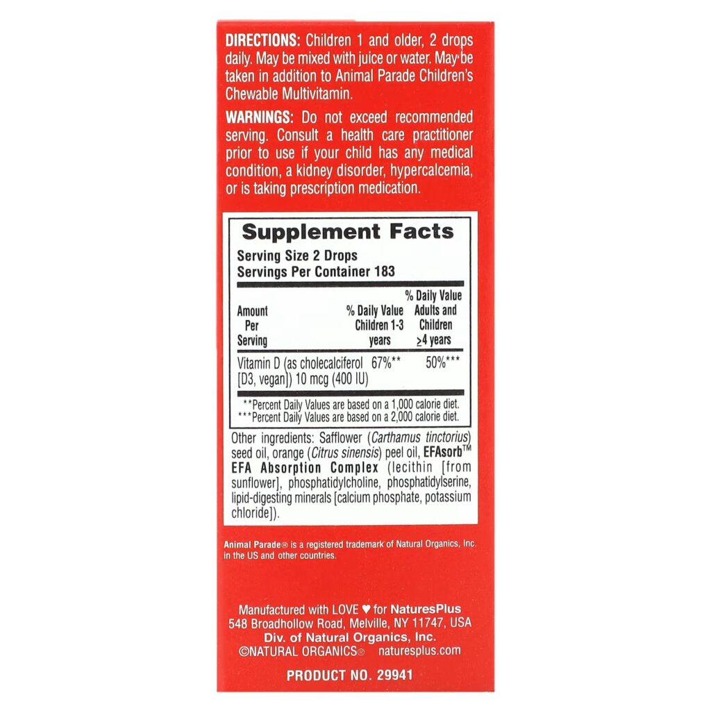 dff623aea7f1bb793f94a315957d0b82_042424153017.jpeg NaturesPlus, Source of Life, Animal Parade, витамин D3 в каплях, с натуральным апельсиновым вкусом, 400 МЕ, 10 мл