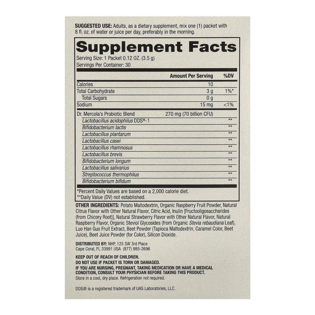 40051d03a58c02e0c651286ef10cc881_051224013852.jpeg Dr. Mercola, комплекс пробиотиков в виде порошка в пакетиках, натуральный малиновый вкус, 70 млрд КОЕ, 30 пакетиков, по 3,5 г