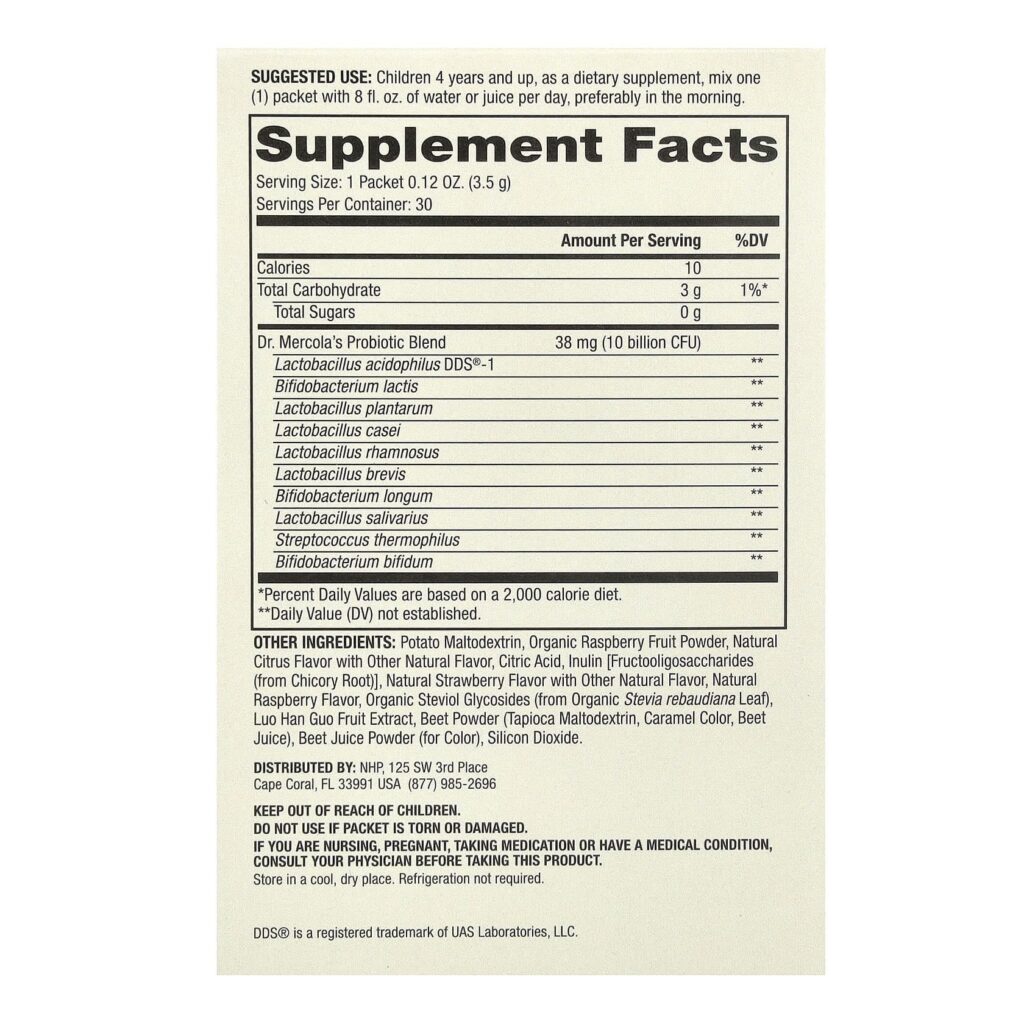 d17333d5c3e966fefe160c69558c5870_051224013644.jpeg Dr. Mercola, комплекс пробиотиков для детей в виде порошка в пакетиках, натуральный малиновый вкус, 10 млрд КОЕ, 30 пакетиков, по 3,5 г