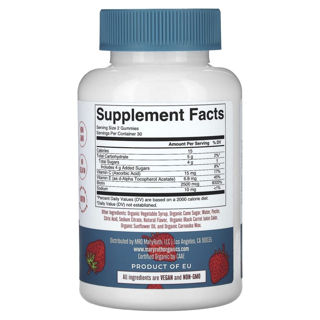 c63ee0dac4a954d7a6a4df2e555cec4a_032825044845.jpeg MaryRuth's, органические таблетки для волос, кожи и ногтей, со вкусом клубники, 2500 мкг, 60 жевательных таблеток (1250 мкг в 1 шт.)