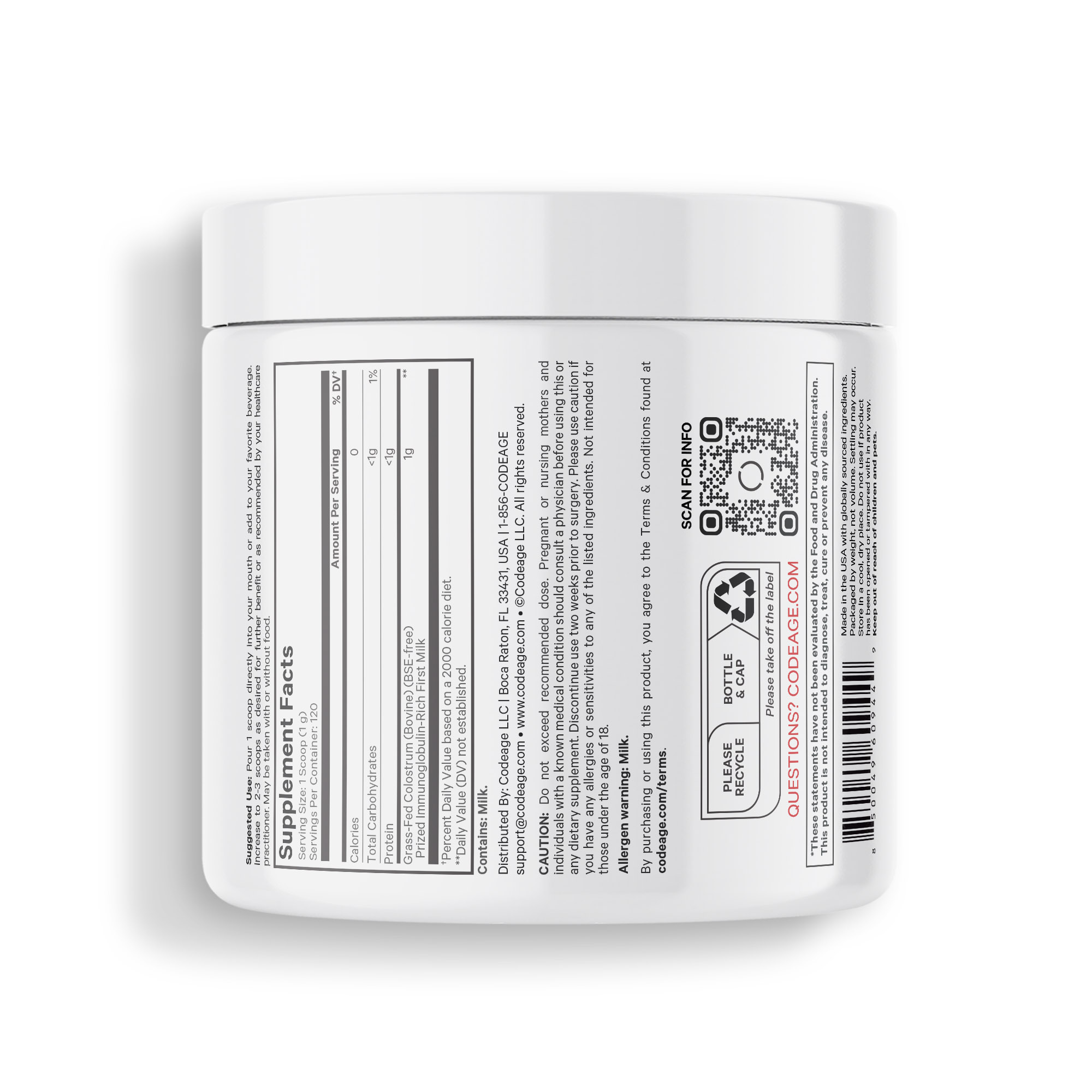 b67f0bed024fd1ef5a3dffa480187ef7_042825013150.jpeg Codeage, Молозиво в порошке, без добавок, 120 г