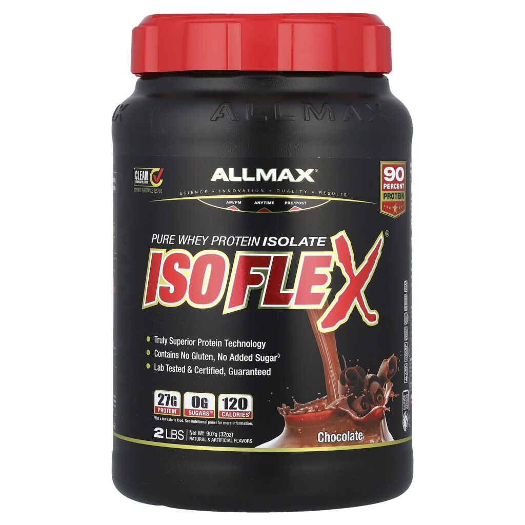 43cb1659ff942e9ade4173da35ef46ec_052325020316.jpeg ALLMAX, ISOFLEX, чистый изолят сывороточного протеина, со вкусом шоколада, 2 фунта (907 г)