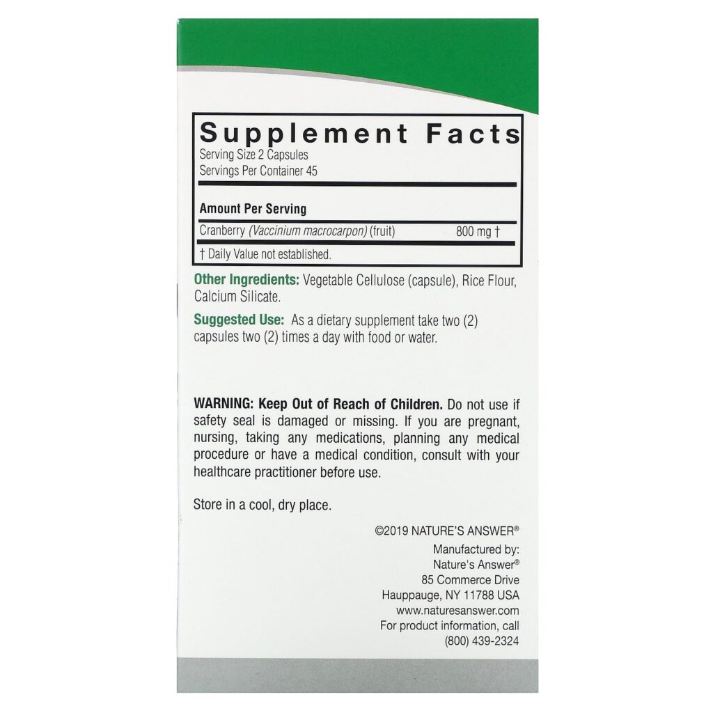 8204b21d0fdc368f6aee143a97b3c8e3_052625102337.jpeg Nature's Answer, клюква, 800 мг, 90 вегетарианских капсул (400 мг в 1 капсуле)