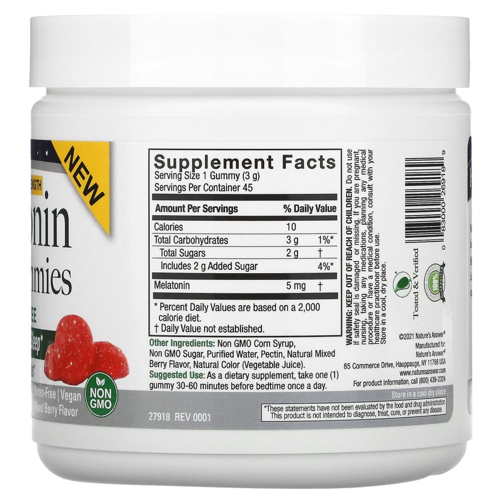 f9c7890a22c69fbca75d368a15542256_052625104722.jpeg Nature's Answer, Мелатониновые жевательные таблетки для сна, повышенной силы, ягодная смесь, 5 мг, 45 жевательных таблеток