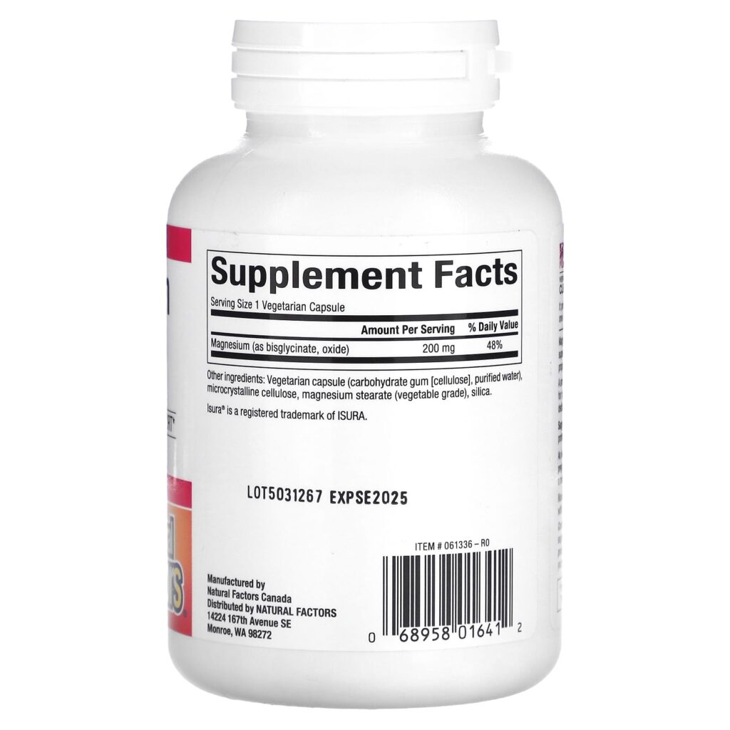 d65b57f0cef64037d0c7d9e5d57b55e0_062125022101.jpeg Natural Factors, Бисглицинат магния, 200 мг, 120 вегетарианских капсул