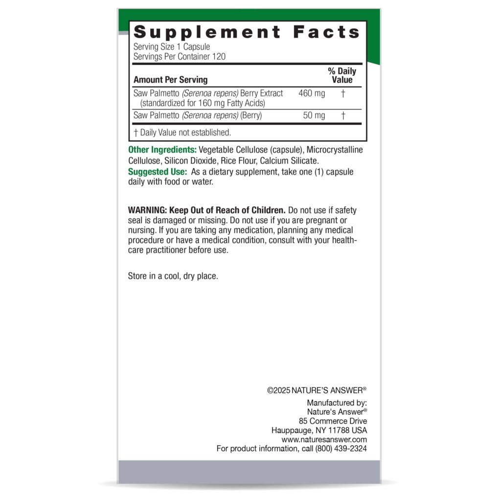 ebc400862191c746ea58643eaa4bebc8_060925200319.jpeg Nature's Answer, saw palmetto Сереноя, стандартизованная формула, 1600 мг, 120 вегетарианских капсул
