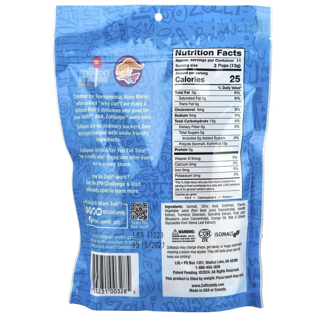 ecceb76a0aed34a24fa71e06dcc68010_061325212939.jpeg Zollipops, The Clean Teeth Pops, леденцы с фруктовыми вкусами, 23–25 леденцов, 142 г (5,2 унции)