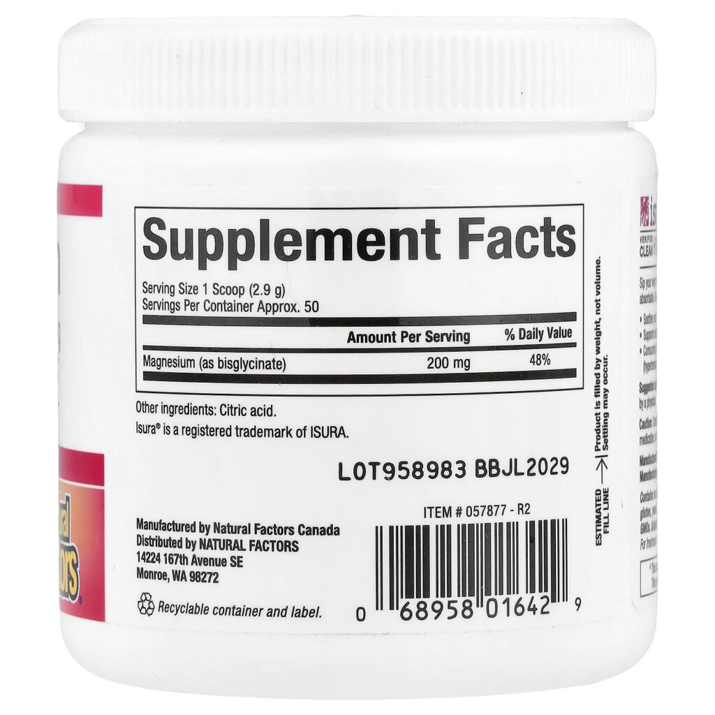 efb0775d461037f78d4b26dec61c5504_062125013942.jpeg Natural Factors, Бисглицинат магния, чистый, 200 мг, 145 г (5,1 унции)